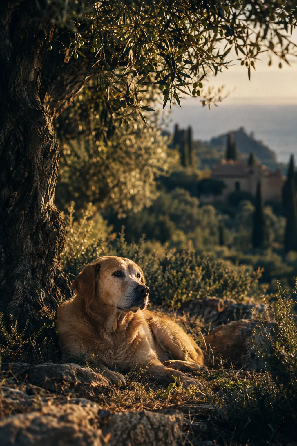 Ein Golden Retriever ruht unter einem Olivenbaum in mediterraner Hügellandschaft