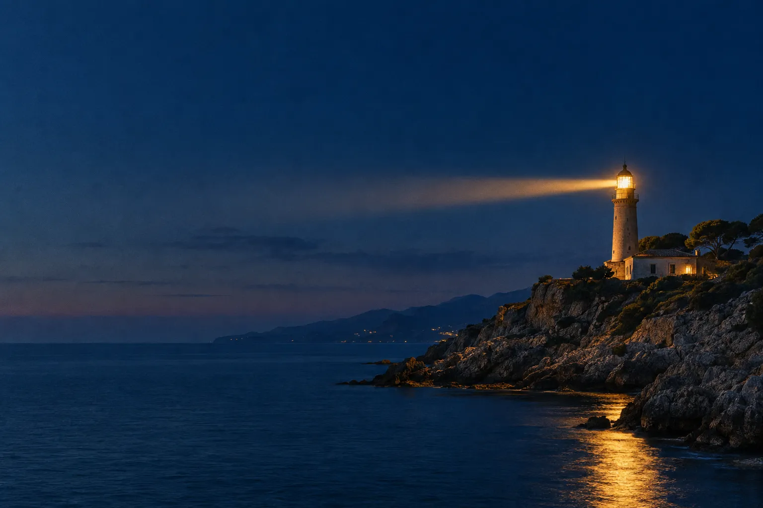 Ein Leuchtturm an einer felsigen Mittelmeerküste wirft in der Dämmerung sein Licht über das Meer